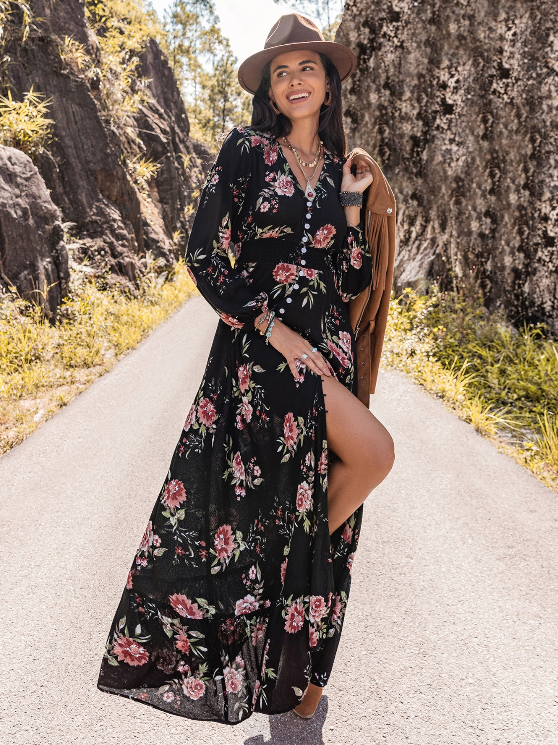 Floral V-Neck Split Maxi Dress