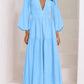 Deep V-Neck Balloon Sleeve Plain Maxi Dress