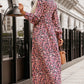 Printed V-Neck Long Sleeve Maxi Dress