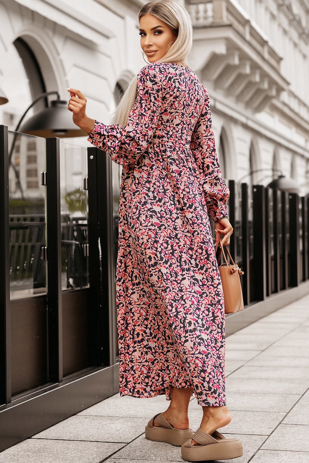 Printed V-Neck Long Sleeve Maxi Dress