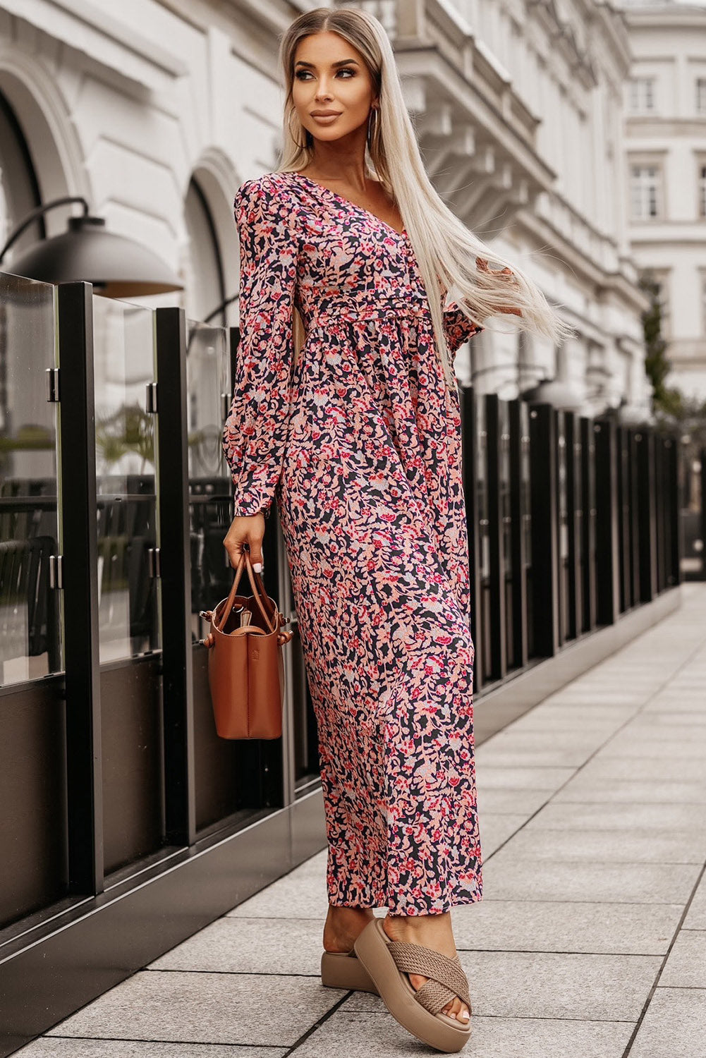 Printed V-Neck Long Sleeve Maxi Dress