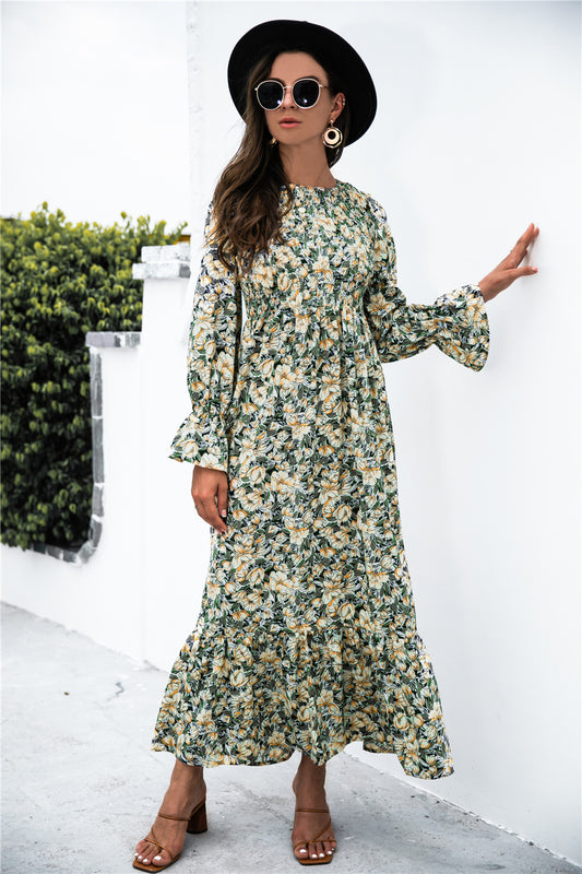 Printed Puff Sleeve Ruffle Maxi Dress