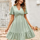 Swiss Dot V-Neck Openwork Puff Sleeve Dress