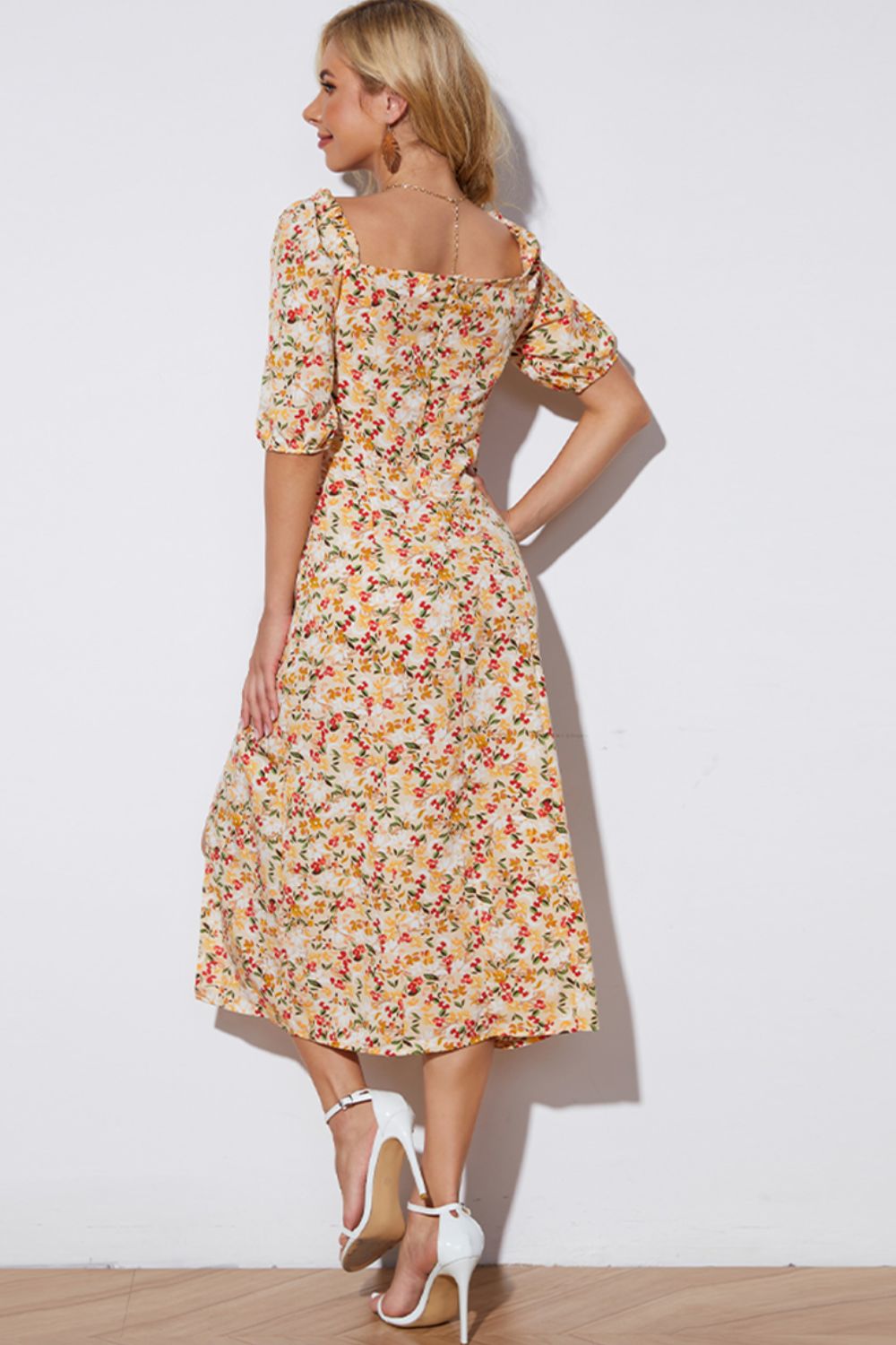 Emberly's Floral Tied Square Neck Split Dress