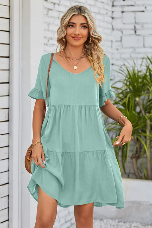 Lesly's V-Neck Flounce Sleeve Tiered Dress