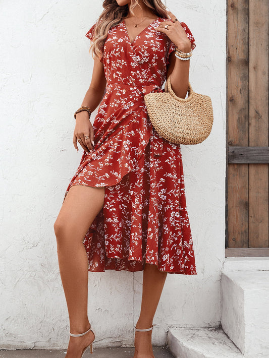 Floral Surplice Neck Flutter Sleeve Dress