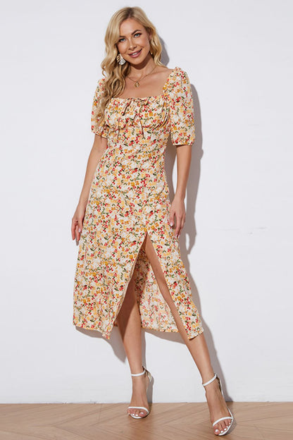 Emberly's Floral Tied Square Neck Split Dress