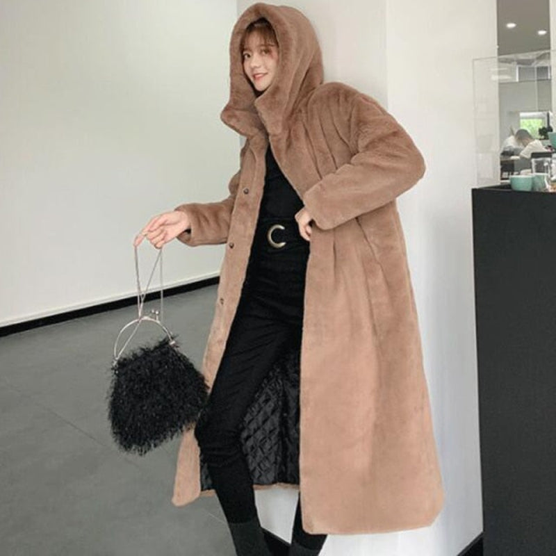 Hooded long shop faux fur coat